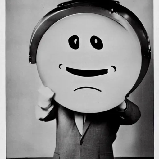Prompt: 1 9 5 0 s photograph of a cute man with tv as a head with a cartoon smile face on screen - n 4