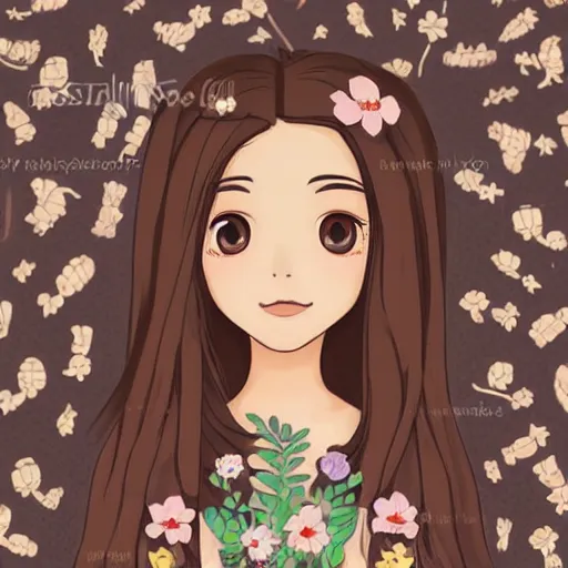 Image similar to hispanic girl with long brown hair, flower dress, face, sticker, emoji, white background, by rossdraws, ghibli