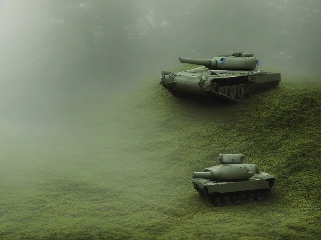 Prompt: damaged tank drives through foggy moss, realistic, tilt shift style, 4 k, ue 5, lense flair, light rays, cinematic light, by michael bay