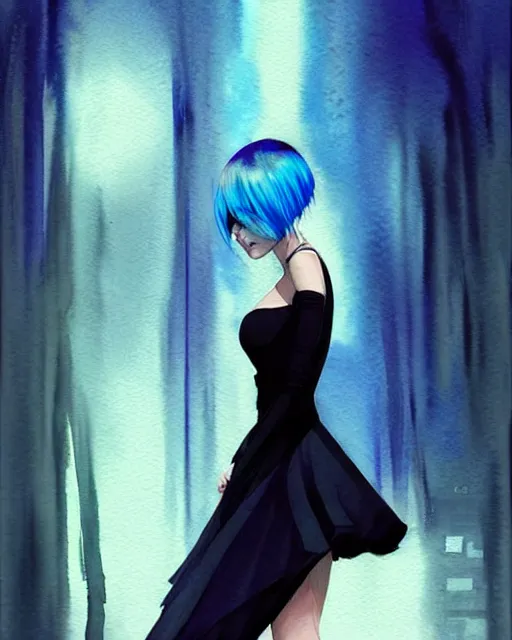 Image similar to watercolor painting of a pretty girl with Blue hair, wearing a Black dress, night city Background. In the style of ilya kuvshinov, dramatic lighting, fantasy, intricate, elegant, highly detailed, lifelike, photorealistic, digital painting, bokeh, HDR, high resolution, artstation, concept art, smooth, sharp focus, art by Krenz Cushart and Albert Aublet