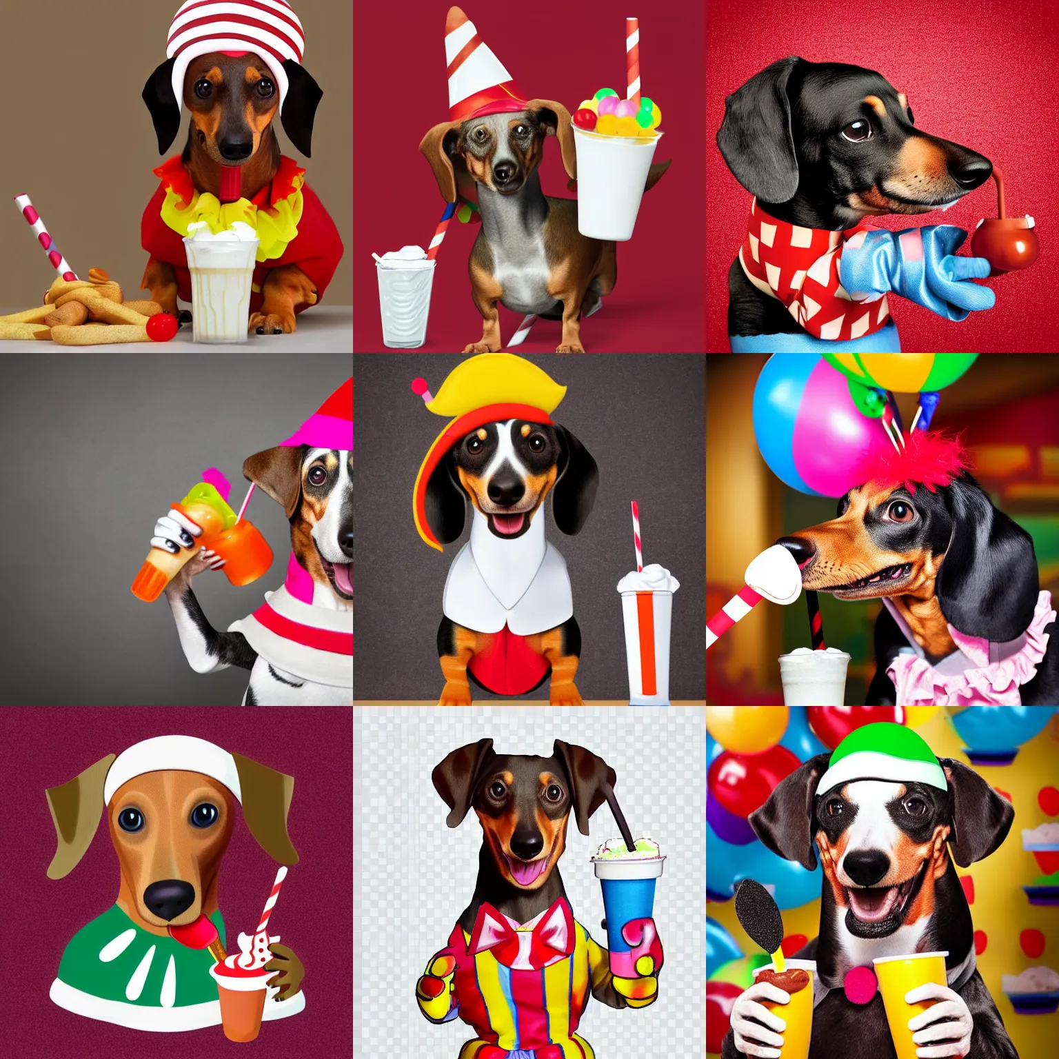 Prompt: weiner dog wearing a clown outfit and drinking a milkshake, photorealistic, hd