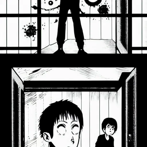 Prompt: neighbor drilling grid holes in a room, manga, black and white manga horror in style of junji ito, kentaro miura