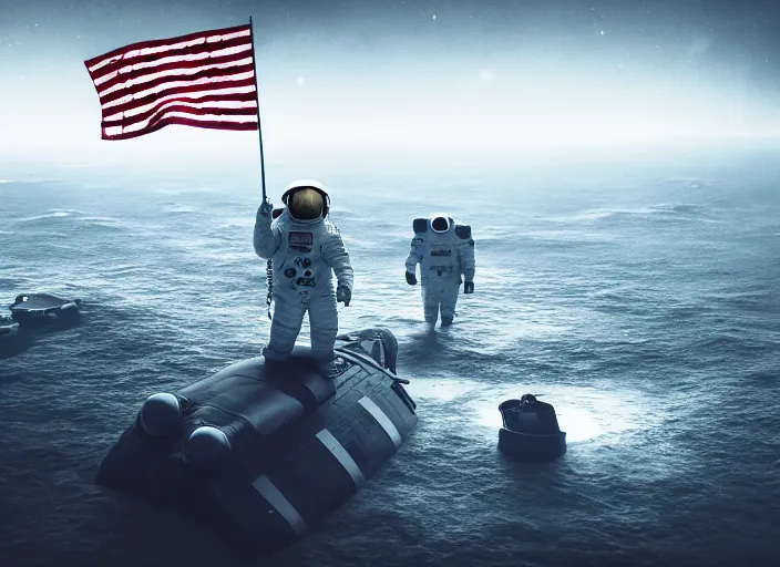 Image similar to astronaut holding a flag in an underwater desert. a submarine is visible in the distance. dark, concept art, cinematic, dramatic, atmospheric, 8 k, trending on artstation, blue, fish, low visibility, fog, ocean floor, christopher nolan, interstellar