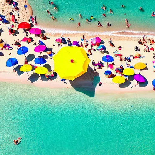 Image similar to photograph beachscapes from an almost perpendicular angle, Aerial view of sandy beach with umbrellas and sea, Aerial of a crowded sandy beach with colourful umbrellas, sun bathers and swimmers during summer, by Tommy Clarke