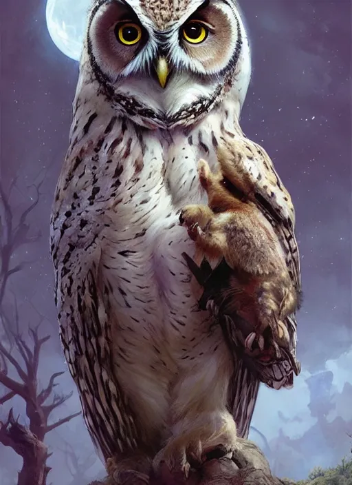 Prompt: Portrait of an Owl eating a rabbit, Dramatic clouds, Woods, Trees, Moon light, marvel comics, dark, intricate, highly detailed, smooth, artstation, digital illustration by Ruan Jia and Mandy Jurgens and Artgerm and Wayne Barlowe and Greg Rutkowski and Frank Frazetta