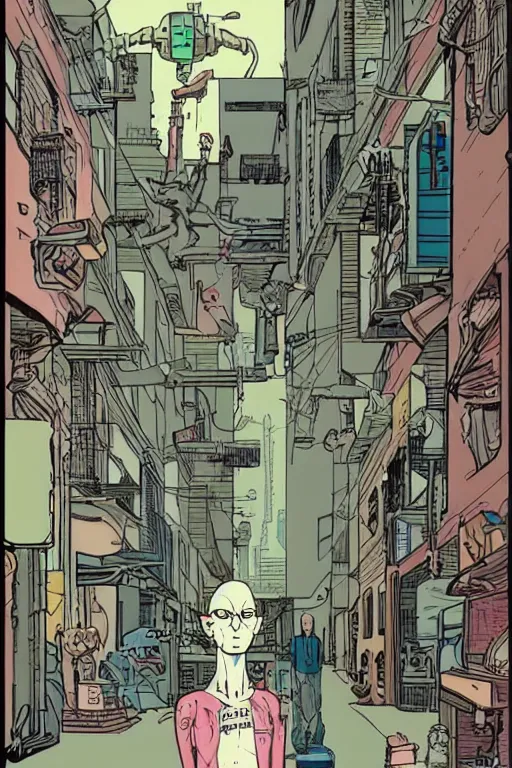 Image similar to a cyborg!! sphynx cat!!, in a cyberpunk alleyway by daniel clowes