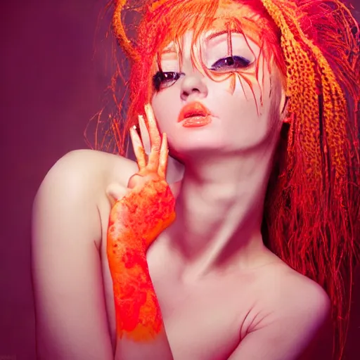 Prompt: young woman in a coral nymph costume, striking a pose, intricate hairstyle, professional fluorescent body paint, full body portrait, portrait photography photography by Karel Saudek, Portra 400, high definition, large props, eye catching, award winning, 4K UHD