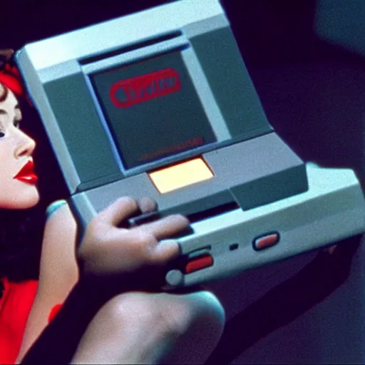 Image similar to a still of a pin up girl playing with an NES controller, in the movie 2001 A Space Odyssey, cinematic lighting, 4k HDR
