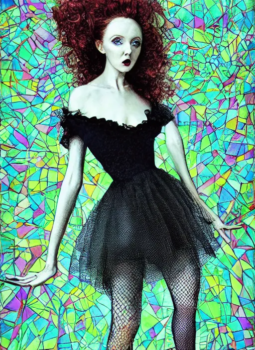 Prompt: surrealism psychedelic full body portrait sketch of lily cole as delirium of the endless in fishnet top and tutu skirt from the sandman, by alex ross, josh kirby, detailed, elegant, intricate