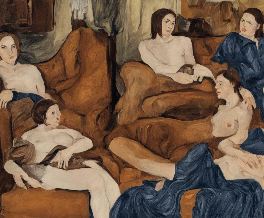 Image similar to two women, in an old english apartment on a brown leather sofa. one is wearing a dark blue sweather, the other a white shirt. brown hair, they are looking into the camera. wide shot. in the style of lucien freud. oil painting.