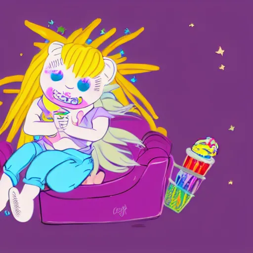 Prompt: adorable little albino girl with blonde dreads eating ice cream, smiling, sitting on top of a rainbow, high quality, fantasy, stars, rainbow, care bear land with my little pony vibes, concept art