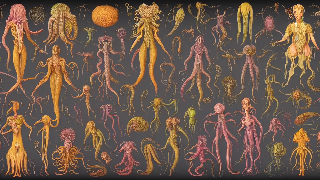 Prompt: highly detailed colorful character sheet for a stocky alien extraterrestrial victorian female servant maid with thick snake - like tentacles instead of hair, long dress with apron, ernst haeckel, jim henson creature shop, coherent, illustration, digital art, trending on artstation, hd, 8 k, good lighting, beautiful, rough paper, masterpiece