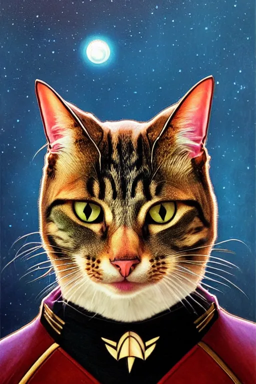 Prompt: a portrait of a fierce cat in a starfleet uniform, half portrait, classic oilpainting, fantasy, sharp focus, intricate, sci - fi, artstation, matte, highly detailed, concept art, illustration, studio lighting, art by ilya kuvshinov, artgerm, alphonse mucha, amano, and karol bak
