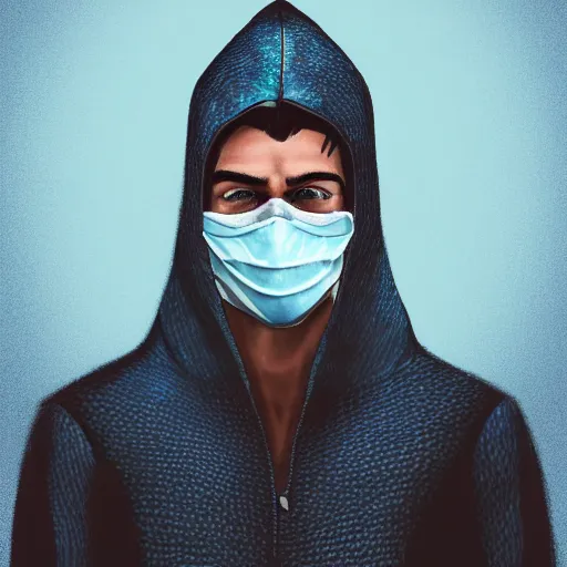 Image similar to a highly detailed, portrait of a man with black hair with a black medical mask, in a hood in the form of a blue shark with white teeth, photorealistic, 4k, beautiful lightning