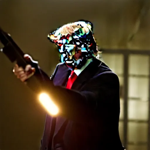 Image similar to donald trump as zombie in the walking dead. movie still. cinematic lighting