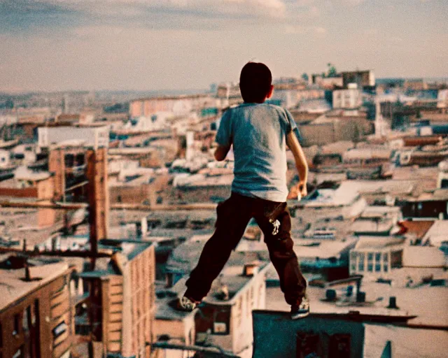 Image similar to lomo photo of roofjumpers climbing on roof of soviet hrushevka, small town, cinestill, bokeh, out of focus