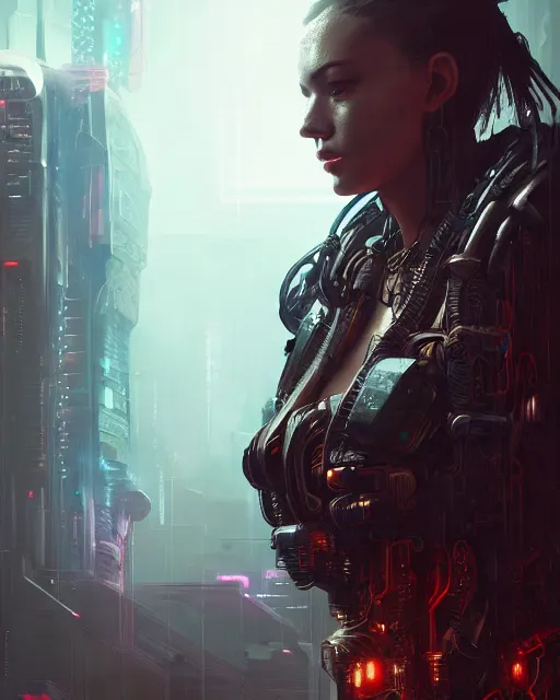 Image similar to portrait of a cyberpunk cyborg. sci - fi, intricate abstract upper body intricate, wlop, concept art, octane render, deviantart, greg rutkowski, cinematic, key art, hyperrealism,