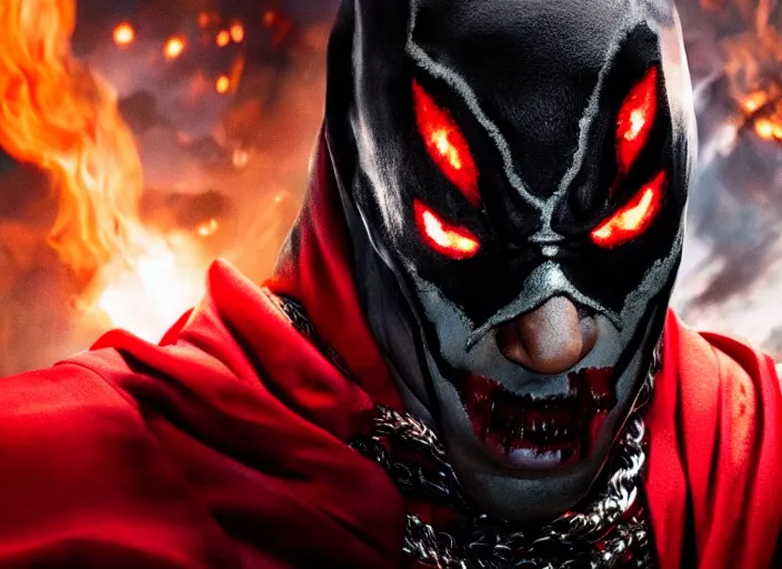 Image similar to film still of michael b jordan as spawn in the new spawn movie, giant chains, large cape, 8 k