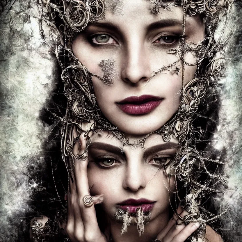 Image similar to mindblowing portrait of the enchantress queen, a stunning timeless beauty, breathtaking eyes, perfect skin, feathered eyelashes, royal gothic dress with a lot of leather, heavy silent hill aesthetic, incredibly intricate, digital art, blender, houdini & photoshop, very elegant & complex, hyper-maximalist, overdetailed, epic cinematic quality, biblical art lighting, photorealistic, lifelike, OLED, DSLR HDR 8k, face is the focus, facial feature symmetry, hyper composed, created by Nixeu & z--ed from deviantart