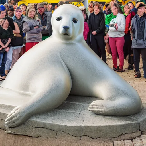 Image similar to humans praying to a statue of a giant golden baby harp seal, Leica, 4k photo