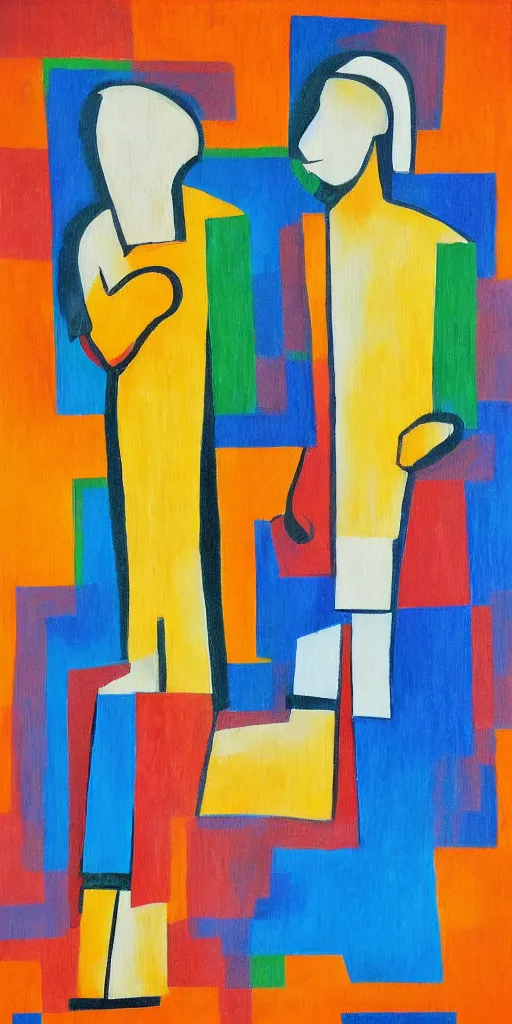 Image similar to neo cubistic painting of two tall figures, very abstract, sandy colors, clear brush strokes, in the style of Jessalyn Brooks