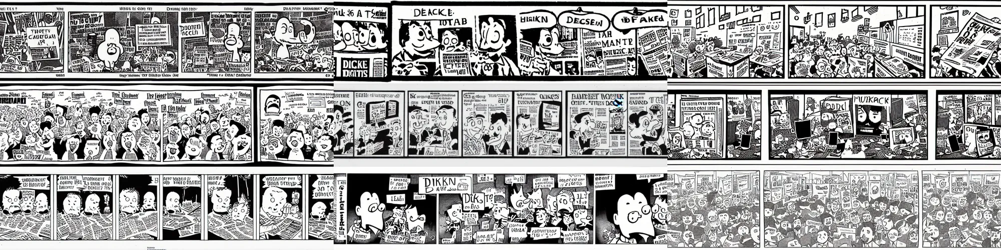 Prompt: scanned image of newspaper cartoon strip, in colour, half tone, duck quacking, mcbess