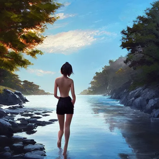 Image similar to oil painting by ilya kuvshinov,, baugh casey, artgerm craig mullins, coby whitmore, of a youthful japanese girl, long hair, wet sundress walking along the coast, highly detailed, breathtaking face, studio photography, noon, intense bounced light, water reflection, large tree casting shadow, serine intense sunlight in the style of zack snyder