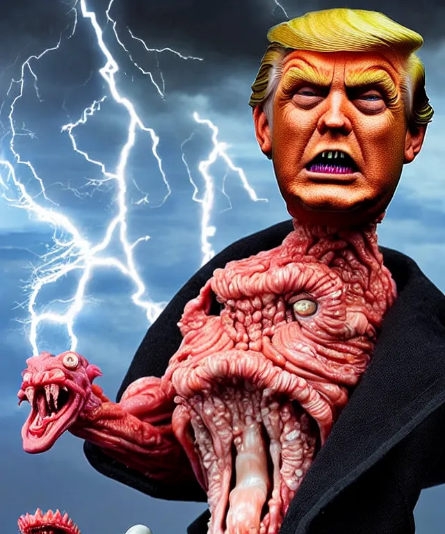 Image similar to hyperrealistic rendering, epic boss battle, cronenberg flesh monster donald trump, by art of skinner and richard corben, product photography, collectible action figure, sofubi, hottoys, storm clouds, outside, lightning