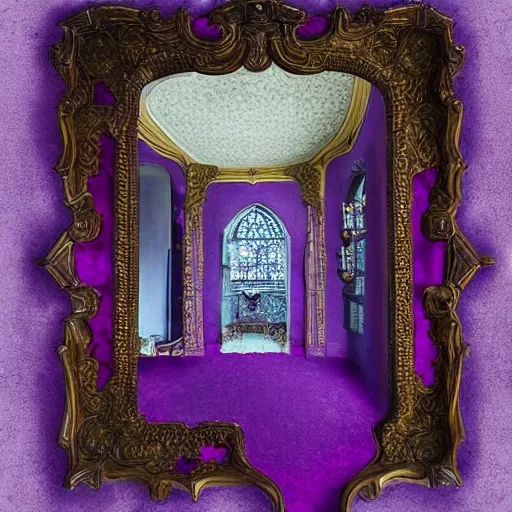 Prompt: castle interior with a mirror in the shape of an antique silver tray floating and shooting purple magic, digital art