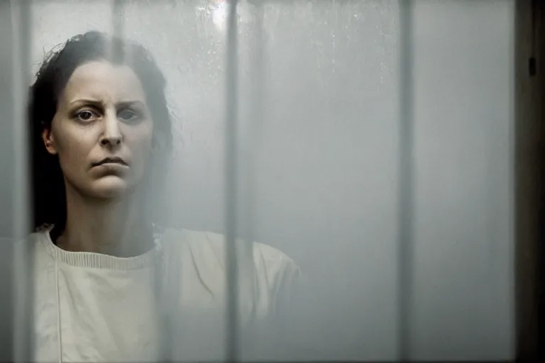 Prompt: a cinematic painting of a female prisoner inside of jail cell, looking through a steamed up glass window, beautiful lighting, high depth, ultra realistic, artistic, by annie leibovitz