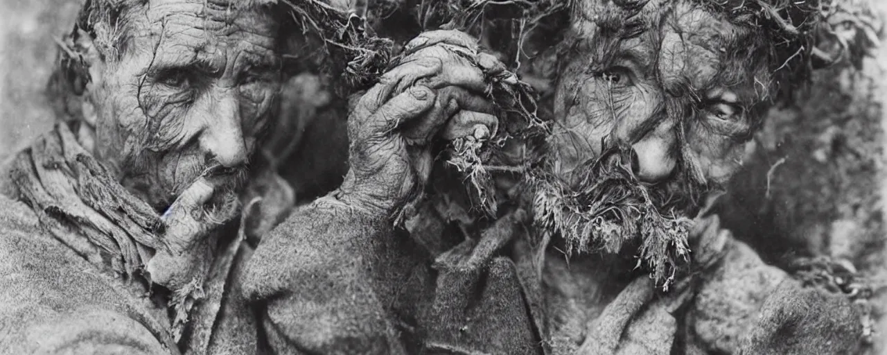 Image similar to 1920s portrait photography of alpine old farmer transforming into a monster, roots growing out of his face