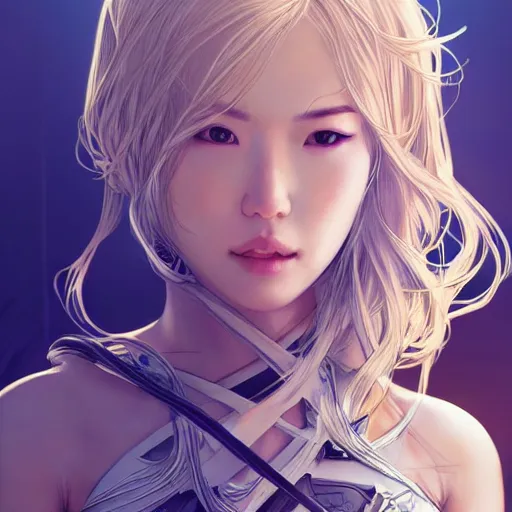 Image similar to ultra realistic illustration of android song hye - kyo, warframe, intricate, nier automata, sunset, golden hair, elegant, highly detailed, digital painting, artstation, concept art, smooth, sharp focus, illustration, art by artgerm and akihiko yoshida and alphonse mucha