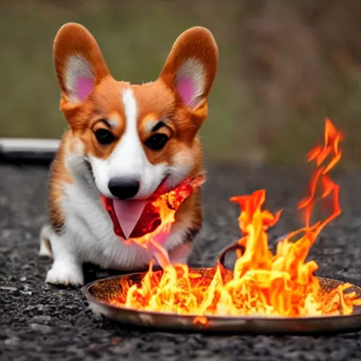 Image similar to a corgi on fire eating chocolate