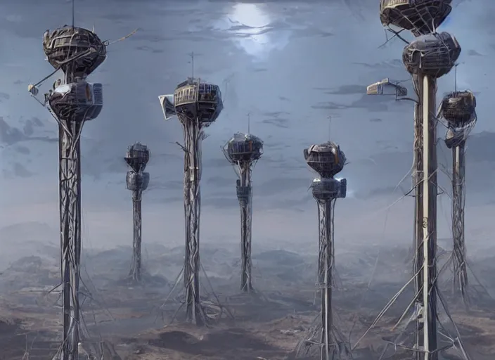 Image similar to a group of strange looking communications towers, a detailed matte painting by Jason A. Engle, cgsociety, afrofuturism, matte painting, concept art, sci-fi