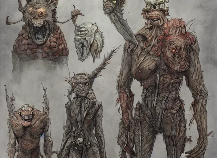 Image similar to mutant creatures, character design by enki bilal, close - up, very coherent, trending on artstation