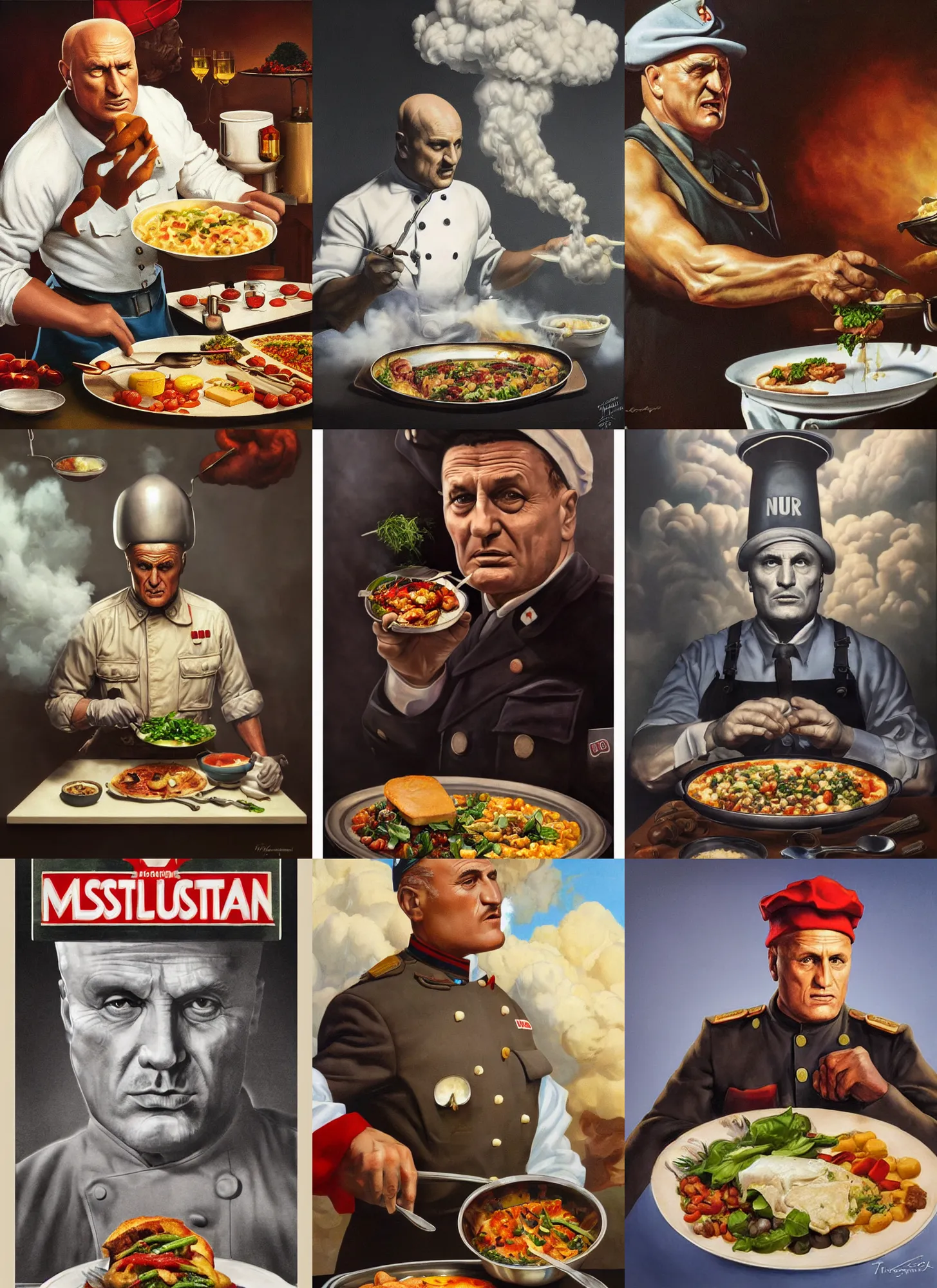 Prompt: mussolini cooks vegetarian dinner, in clouds, portrait by greg hildebrandt, studio lighting, muted colors, by terry richardson, by frank frazetta, extreme detail, reflections, trending on artstation, 8 k