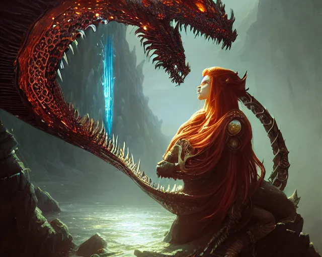 Image similar to highly detailed portrait of a fantasy dragon, elden ring, stephen bliss, unreal engine, fantasy art by greg rutkowski, loish, rhads, ferdinand knab, makoto shinkai and lois van baarle, ilya kuvshinov, rossdraws, tom bagshaw, global illumination, radiant light, detailed and intricate environment