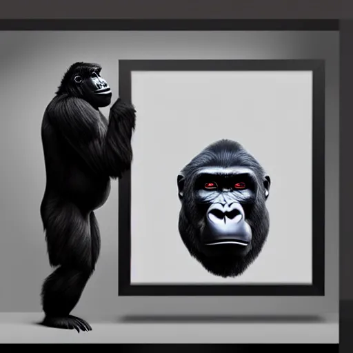 Prompt: Gorilla looking at a framed portrait of a man, hyperrealistic, concept art, 8k, artstation, cinematic, volumetric lighting