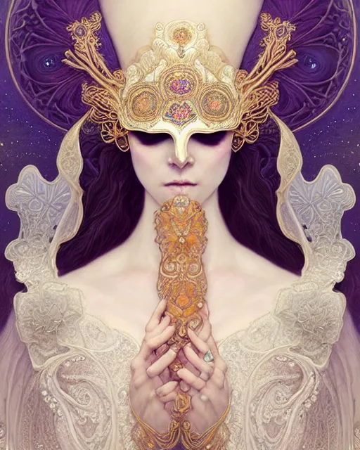 Image similar to beautiful ethereal maiden in a ivory masquerade mask intricate ornate fractal-lace and gemstones, wearing stunning ivory dress, ivory gold iridescent, full view, soft lighting, vivid, Hyperdetailed, 4k hd matte painting by Artgerm, Greg Rutkowski, Klimt, James Jean, 8k resolution, enchanting and otherworldly, Artstation, CGsociety, detailed, front view