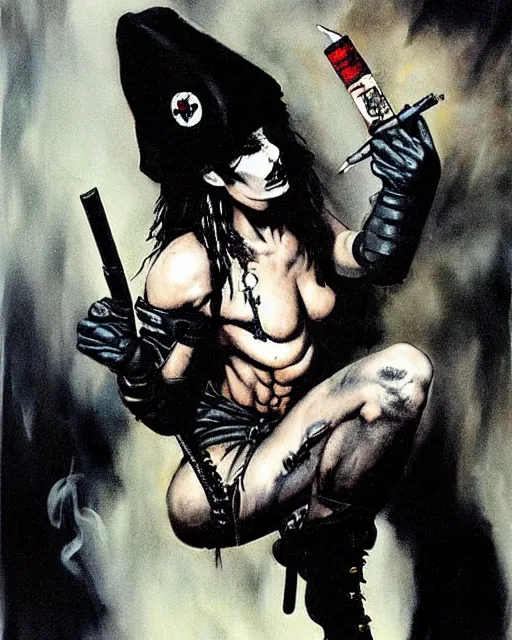 Image similar to portrait of a skinny punk goth soldier smoking a cigarette by simon bisley, john blance, frank frazetta, fantasy, barbarian