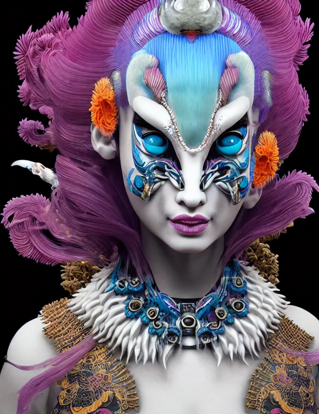 Image similar to 3 d goddess close - up profile portrait punk with mohawk with ram skull. beautiful intricately detailed japanese crow kitsune mask and clasical japanese kimono. betta fish, jellyfish phoenix, bio luminescent, plasma, ice, water, wind, creature, artwork by tooth wu and wlop and beeple and greg rutkowski