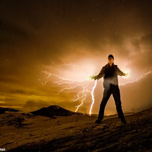 Image similar to Jonas Gahr Støre powering Norwegian village by shooting lightning out of his hands, glowing eye