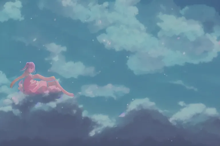 Image similar to a cute anime girl sleeping on a cloud, misty, glows, by studio ghibli, anime, hazy, foggy, ambient lighting, 8 k, neon, synthwave,