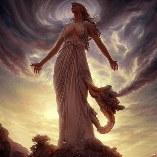 Prompt: A digital masterpiece illustration concept art of a giant statue of a very beautiful Greek Goddess with its top in the heaven, beautiful eyes, symmetrical face, symmetrical body, taiga landscape + inspired art by by WLOP + Extremely detailed and intricate complexity + epic composition, magical atmosphere, cinematic lighting + wide long shot, wide angle + trending on artstation + 8k