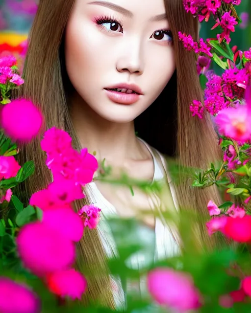 Prompt: an stunning beautiful chinese girl is surrounded by colourful flowers and plants, symmetric face and eyes, upper body face shot, long straight blonde hair, visible face 5 0 mm f 2. 2