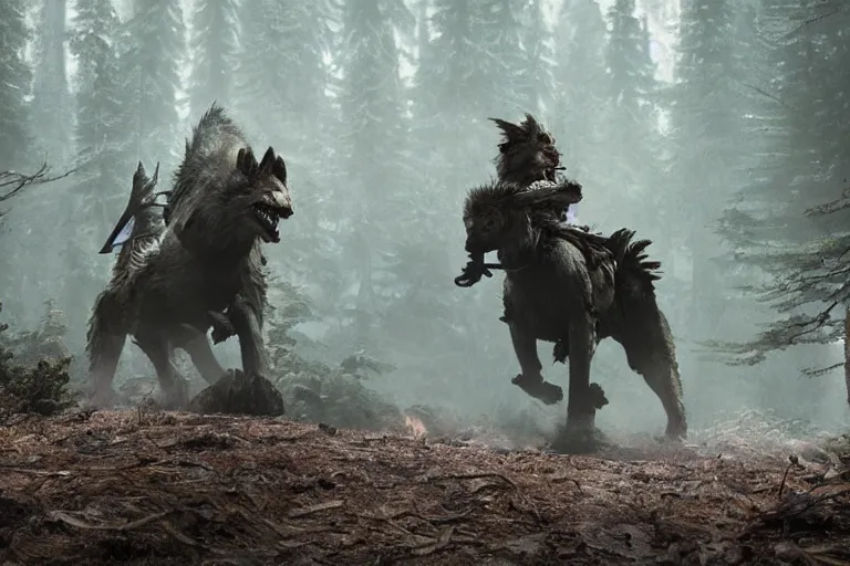 Image similar to vfx movie closeup detailed ancient armored warrior orc hunting riding large wolf in the forest, natural lighting by emmanuel lubezki