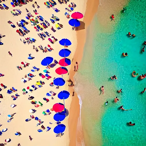 Image similar to photograph beachscapes from an almost perpendicular angle, Aerial view of sandy beach with umbrellas and sea, Aerial of a crowded sandy beach with colourful umbrellas, sun bathers and swimmers during summer, by Tommy Clarke