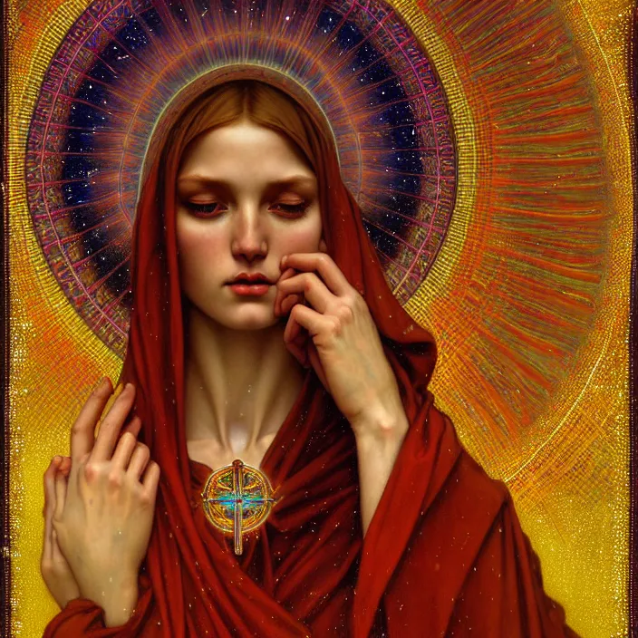 Prompt: psychedelic snowfall Virgin Mary, diffuse lighting, fantasy, intricate, elegant, highly detailed, lifelike, photorealistic, digital painting, artstation, illustration, concept art, smooth, sharp focus, art by John Collier and Albert Aublet and Krenz Cushart and Artem Demura and Alphonse Mucha