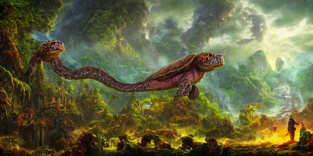 Image similar to fantasy oil painting, great leviathan, turtle cephalopod terrapin reptilian pachyderm amphibian hybrid, epic natural light, lush plants flowers, rainforest mountains, bright clouds, luminous sky, outer worlds, cinematic lighting, michael whelan, michael cheval, vray, 8 k hd