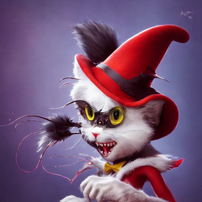 Image similar to complex 3 d render, hyper detailed, ultra sharp, vampire cat in the hat, scary, cute, cinematic, head and shoulders, steampunk, natural soft light, rim light, octane render, artstation, art by artgerm and greg rutkowski and alberto seveso, dr seuss